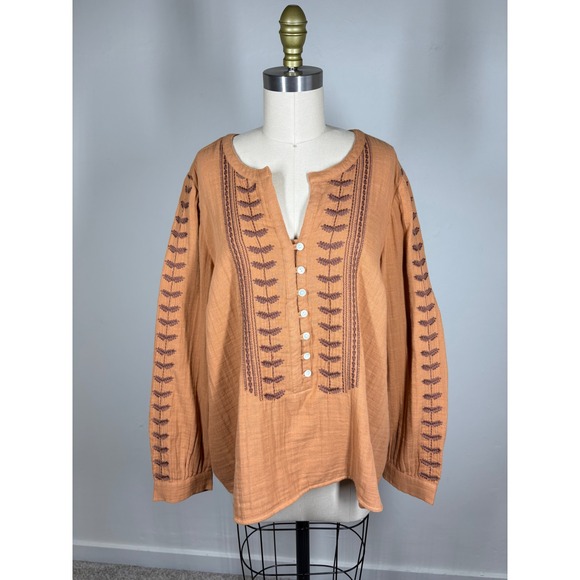 Pure Jill Tops - Pure Jill Womens Blouse LP Burnt Orange Embroidered Gauze Boho Peasant Top
